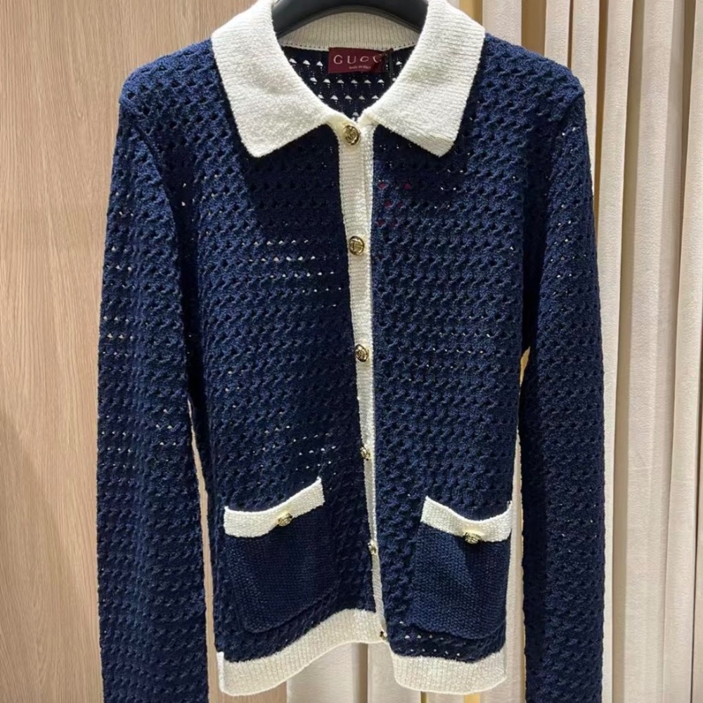 New Gucci 2025 GG Logo Monogram Fine cotton crochet cardigan in Navy M